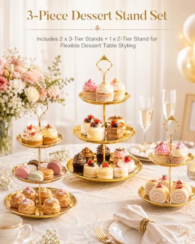 3 Tier Gold Cupcake Stand 3 Pack, Stainless Steel Tiered Dessert Stand 3 Layer Cupcake Display Tower with 2 Tier Cake Stand for Wedding Birthday Party Baby Shower - Image 2