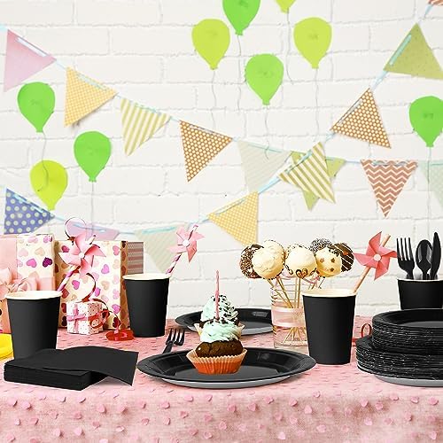 durony 350 Pieces Black Paper Dinnerware Set 7 Inch 9 Inch Disposable Dinner Plates Serve 50 Guests Paper Cup Cutlery Napkins Solid Color Party Supplies for Birthday Wedding Party Family Picnic - Image 6