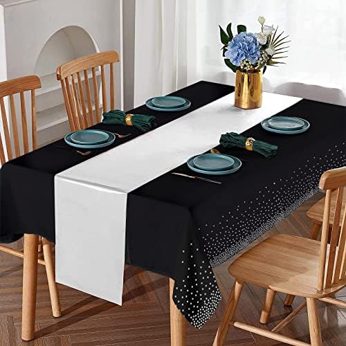 24Pack Disposable Plastic Tablecloths and Satin Table Runner Set Black and Silver Dot Tablecloth Silver Satin Table Runner for Wedding Birthday Baby Shower Anniversary Christmas New Year Party Supply - Image 4