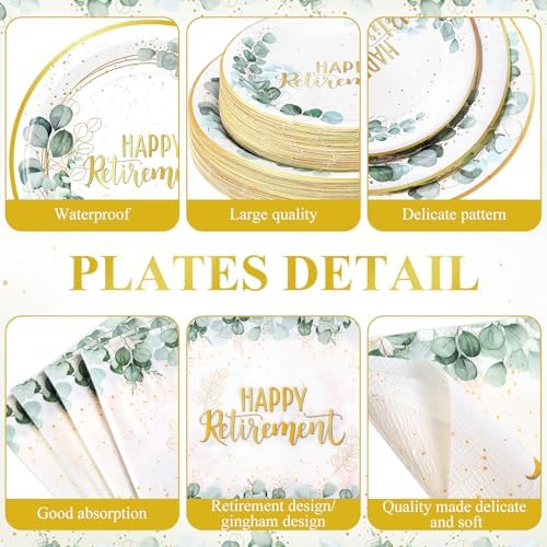 Potchen 452 Pcs Retirement Plates Napkins Party Supply, Green Gold - Image 2