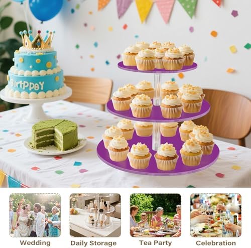 J JOYSAY Purple Pattern Acrylic Cupcake Stand 3 Tier Dessert Table Display Set Clear Cake Stands for Wedding Party Baby Shower Decorations Easy Assembly Pastry Tower - Image 7