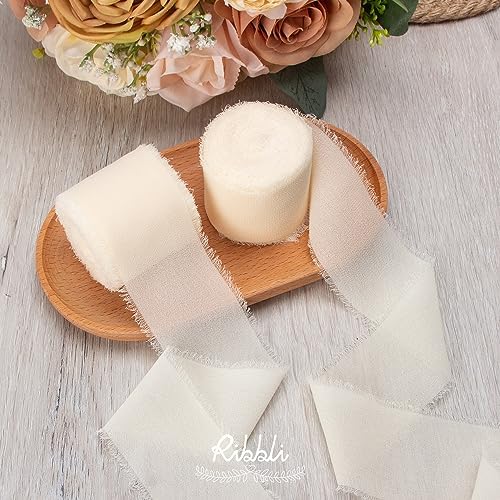 Ribbli Ivory Chiffon Ribbon 2 Inch x 20 Yard Handmade Fringe Chiffon Silk Ribbon Ivory Ribbon for Gifts Wrapping, Wedding Invitations, Bridal Bouquets, Flower Arrangement (Pack of 2) - Image 2