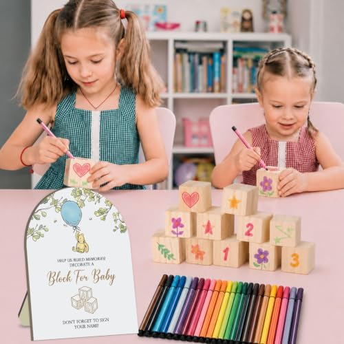 Winnie Baby Shower Decorations, Winnie Baby Shower Blocks Game Set, Fun Party Activity Set, 24 Acrylic Paint Pens with 50 Blank Wooden Blocks for Baby Shower Game and Table Decorations, Gender Reveal - Image 5