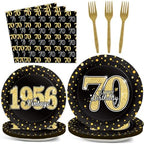200PCS 70th Theme Birthday Party Tableware Vintage 1956 Party Supplies 70 year old Birthday Party Decorations Plates Napkins Forks Black and Gold Dinnerware Favors for Men or Women by ZOIIWA