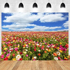 12x6ft Flower Field Backdrop Colorful Ranunculus Meadow Floral Landscape Photography Background Blue Sky White Clouds Spring Scenery Decor Weddings Banner Mother's Day Decors - Image 2