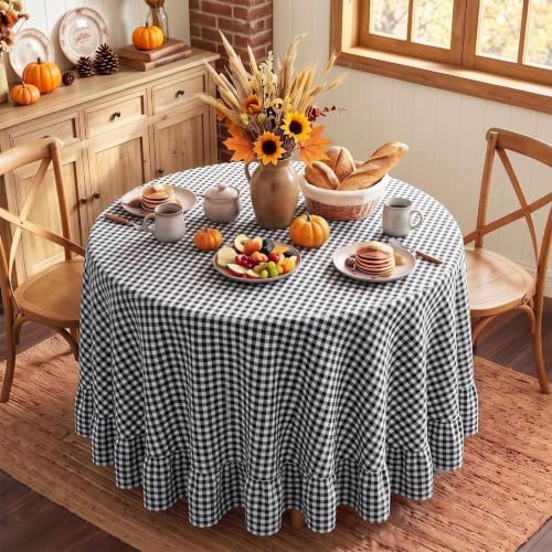 Eternal Beauty Gingham Ruffled Tablecloth Black White 90 Round Farmhouse by EternalBeauty