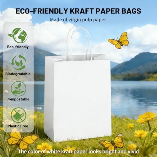 Mlyta 200 Pack 8x4.75x10 Inch Medium White Kraft Paper Gift Bags with Handles Bulk for Goodie, Party Favor Brithday Grocery Shopping Business Wedding Retail Craft Treat To Go Return, Merchandise Sacks - Image 6