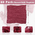 60 Pack Burgundy Cheesecloth Napkins Washable 21x21 Inches Burgundy Cloth Napkins Set of 60 Dinner Table Napkins for Wedding Bridal Baby Shower Rustic Boho Cotton Gauze Summer Party Table Decor - Image 3