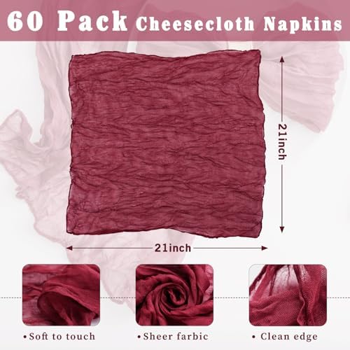60 Pack Burgundy Cheesecloth Napkins Washable 21x21 Inches Burgundy Cloth Napkins Set of 60 Dinner Table Napkins for Wedding Bridal Baby Shower Rustic Boho Cotton Gauze Summer Party Table Decor - Image 3
