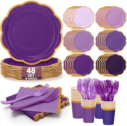 192Pcs Purple Paper Plates and Napkins Party Supplies Serves for 48 Guests, Disposable Gradient 9’’ Scalloped Lavender and Gold Plates Tableware Set for Birthday, Wedding, Baby Shower Decorations by UseOnceDoneRight