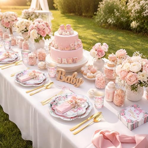 Newtay 250 Pcs a Sweet Little Girl Is on The Way Baby Shower Plates Napkins - Image 5