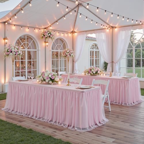 familus Pink Table Cloths 8 Foot Rectangle 6 Pack Stretch Ruffle Tulle Tablecloth Spandex Fitted Table Cover for 8 Foot Tulle Table Skirts for Party Wedding Table Cloths, Banquets - Image 5