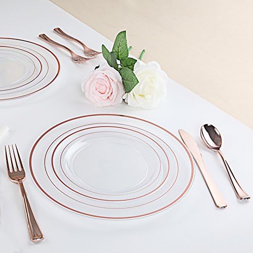 I00000 60 Pcs Rose Gold Plastic Plates, Disposable Party Set Include: 60 Clear Plastic Plates with Rose Gold Trim for dinner and dessert Perfect for Holidays, Wedding & Party Supplies (Pack of 2) - Image 5