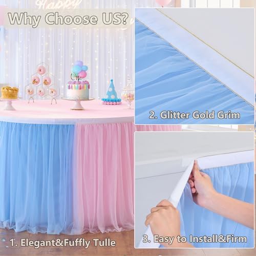 108in Blue Pink Tulle Table Skirts for Rectangle Tables 6/8/4ft, 2-Layer Gold Grim Ruffle Gender Reveal Tulle Tutu Cloth Table Skirt 9ft for Birthday Party Baby Shower Cake Dessert(No Table Cover) - Image 3