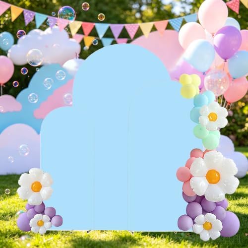 3 Metal Arch Backdrop Stands with Baby Blue Covers, 6/6.6/7.2FT - Image 2