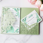 Hosmsua 50PCS Sage Green Wedding Invitation Pocket with Envelopes, 5.12 x 7.2 Trifold Laser Cut Lace Flora Invitations for Quinceanera Sweet 16 Quince Invitation (No Inner Sheet) - Image 4