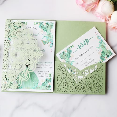 Hosmsua 50PCS Sage Green Wedding Invitation Pocket with Envelopes, 5.12 x 7.2 Trifold Laser Cut Lace Flora Invitations for Quinceanera Sweet 16 Quince Invitation (No Inner Sheet) - Image 4