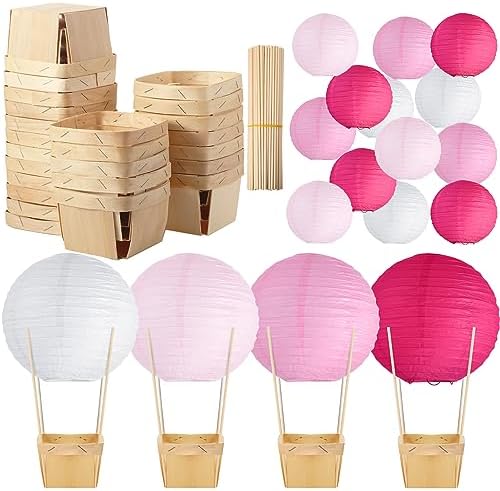Namalu 24 Set Hot Air Balloon Table Centerpieces Baby Shower Party Decoration Paper Lanterns with Wooden Basket Sticks for Summer Birthday School DIY Craft(Hot Pink) by Namalu