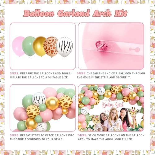 Safari Baby Shower Decorations for Girl, Jungle Themed Décor Backdrop Balloon Garland Arch Artificial Leaves Box Cutout Glitter Banner Cake Topper Sash Lion Cheetah Giraffe Pink 140 PCs - Image 5