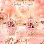 ZOCONE 3 Pack Wicker Baby Carriage Centerpiece with Strawberry Bear, Artificial Rose & Peony Flower Bouquet, Baby Shower Centerpieces for Tables, Gender Reveal, Wedding, Birthday Party Decor - Image 5