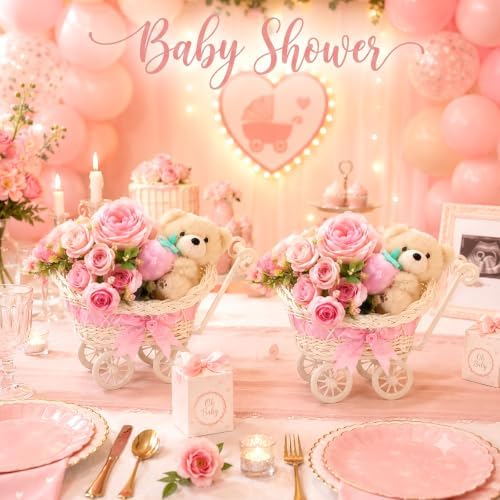 ZOCONE 3 Pack Wicker Baby Carriage Centerpiece with Strawberry Bear, Artificial Rose & Peony Flower Bouquet, Baby Shower Centerpieces for Tables, Gender Reveal, Wedding, Birthday Party Decor - Image 5