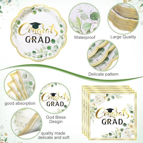 Funnymoom 452 Pcs Class of 2026 Sage Green Graduation Decoration Party Supply for 50, Green Gold Eucalyptus Congrats Grad Paper Plates Napkins Cup Tablecloth Cutlery for Freshly Graduated Decoration - Image 3