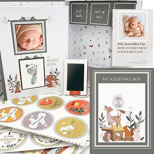 Baby Memory Book with Keepsake Box & Monthly Baby First Milestone Stickers - Gender Neutral First Year Scrapbook Journal - Baby Photo Album for Boys - Baby Book Keepsake, Baby Milestone Book by CHIRPYBLUESTUDIO