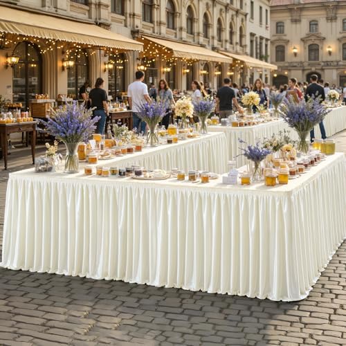 17ft Length Satin Ivory Table Skirt Rectangle Tables, Wrinkle Resistant Ruffle Table Skirting Glitter Teacher Desk Cover Skirt for Dorm Office Birthday Party Wedding Buffet Displays Trade Shows by Partisky