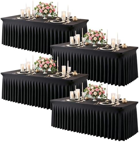 4 Pack Black Spandex Tablecloth for 4FT Rectangle Tables, Fitted Stretch Table Cover with Skirt, Wrinkle Free Washable Elastic Table Cloth for 4 Foot Folding Table, Wedding Banquet Baby Shower by Gogoparti