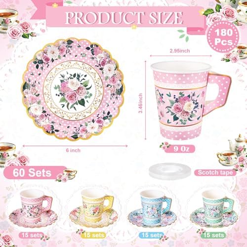 SUMMORO 180 Pcs Disposable Paper Tea Cups and Plates with Napkins, 9 OZ - Image 2