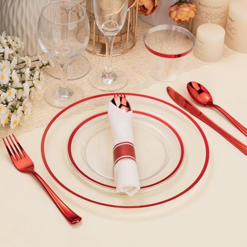 BESTSTAR 350PCS Clear and Red Disposable Plates Set for 50 Guests for Party - Image 3