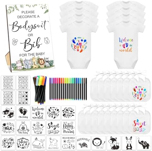 69 Pcs Baby Bib Bodysuit Baby Shower Set Baby Shower Game Sign Baby Feeder Bib Newborn Bodysuit Fabric Marker by SytuHete