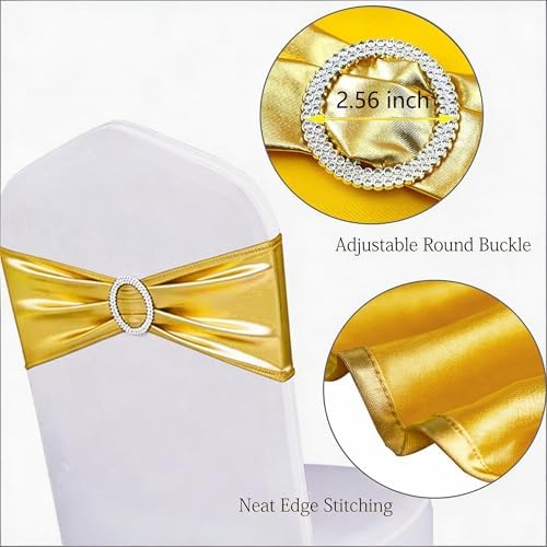Pack of 50 Metallic Gold Chair Sashes Bows, Chair Bands Silver Buckles - Image 3