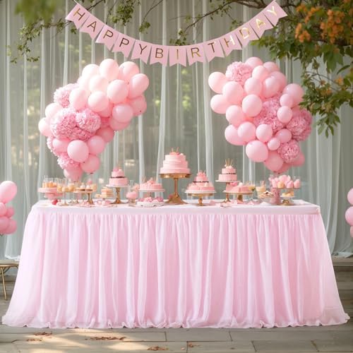 Wish Care 4 Pack Pink Tulle Tablecloth for 6 Foot Rectangle Tables, Ruffle Stretch Fitted Table Cloths Wrinkle Free Table Cover with Tutu Skirt for Party Wedding Girls Birthday Baby Bridal Shower Cake - Image 5