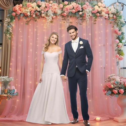 20x10ft Dusty Rose Tulle Backdrop Curtain with Lights String for Parites, Sheer Backdrop Curtains for Wedding Baby Shower Birthday Party Photo Shoot Decorations - Image 3