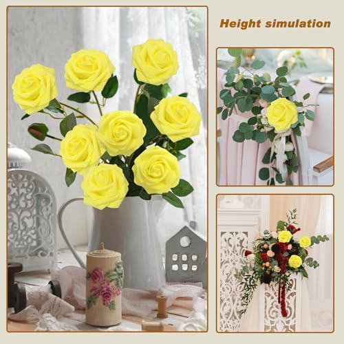 Artificial Flowers Yellow Realistic Roses, Real Looking Fake Roses with Stem for DIY Wedding Bouquets Centerpieces Bridal Shower Party Home Romantic Decorations (Yellow, 100pcs) - Image 3