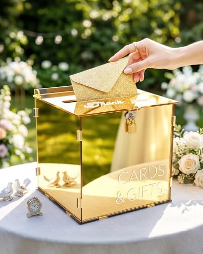 Gold Acrylic Wedding Card Box with Slot and Lock, Metallic Mirror Card Holder for Reception, Graduation, Bridal, Baby Shower, Birthday Party, Classy Golden Decorative Gift Boxes for Money Envelope - Image 2