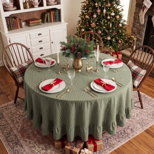 Eternal Beauty Christmas Green Striped Ruffled Round Tablecloth 60 Inches - Image 2