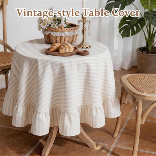 Beige White Striped Ruffle Tablecloth 70" Round Farmhouse Flounces Trim Table Cover for Seat 4-6 for Picnic Dining Kitchen Party Wedding Decor - Image 4