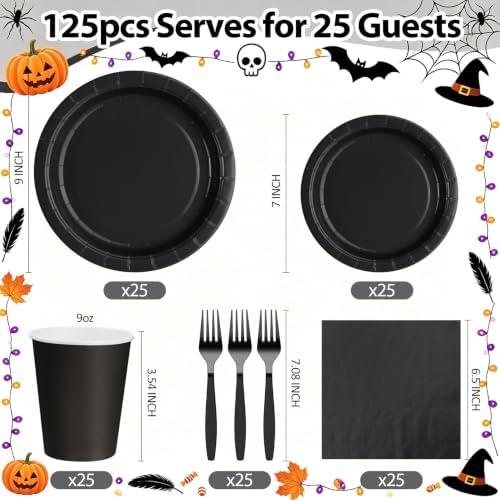 Black Paper Plates and Napkins, Disposable Black Party Plate Include 7&9INCH Plates Cups Napkins Forks Party Supplies for Halloween, Father‘s Day, Graduations, Retirement, Birthday, for 25 Guests - Image 2