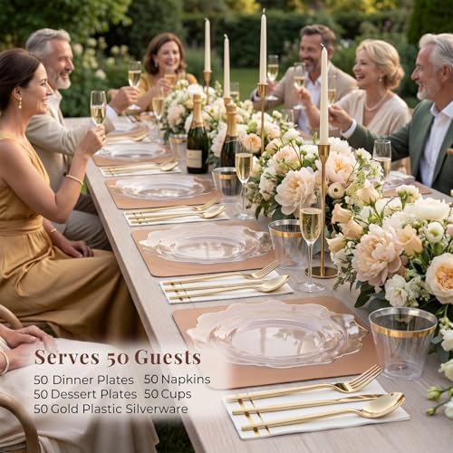 WDF 350Pcs Clear and Gold Plastic Plates - Heavy Duty Clear Plates Disposable - Gold Dinnerware Sets of 100 Plastic Plate 150Silverware 50 Cups 50 Napkins for Wedding/Baby Shower - Image 2
