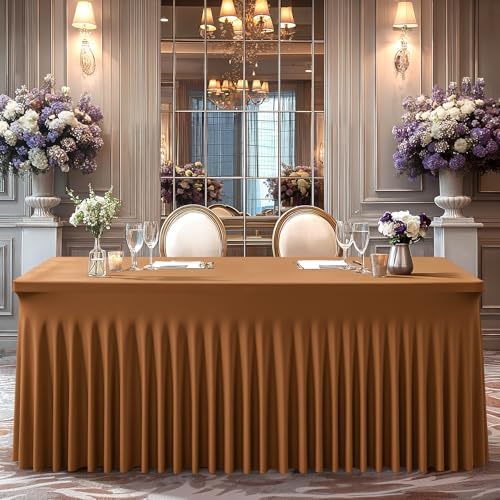Wish Care 2 Pack Brown Spandex Table Clothes for 4 Foot Rectangle Tables, 4FT Wrinkle Free Fitted Tablecloths Ruffles Design Table Cover for Party, Banquet, Wedding and Events - Image 6
