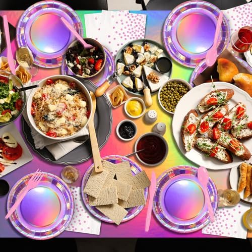 Iridescent Pink Party Supplies Decorations Serve100, Hot Pink Holographic Paper Plates and Napkins Set, Disposable Pink Paper Plates Cups Knives Spoons Fork for Mermaid Disco Kpop Birthday Party Decor - Image 5