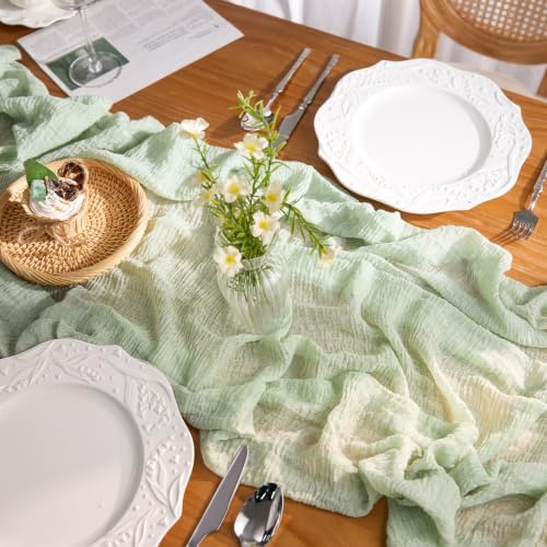 Goodluck 6 Pack Sage Green Cheesecloth Table Runner 35" x 120" Extra Wide - Image 3