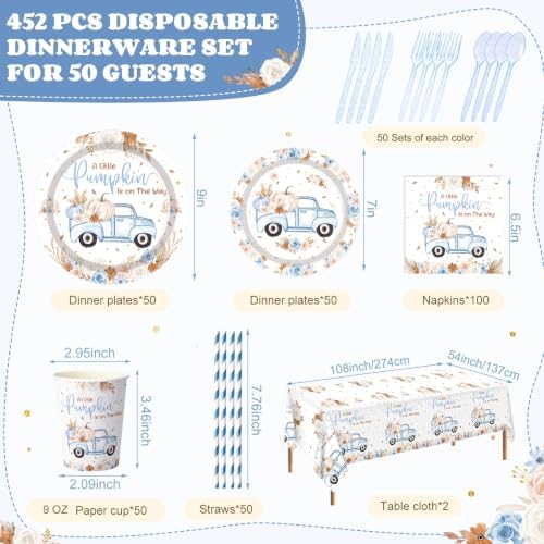 Ceenna 452 Pcs Little Pumpkin Baby Boy Shower Plates Napkins Cups for 50 - Image 2
