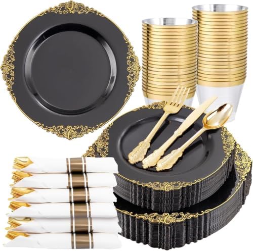 Nervure 175Pcs Black Plastic Plates, Disposable Party Plates for 25 Guests by Nervure