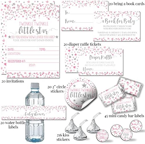 Amanda Creation Twinkle Twinkle Little Star Baby Shower Bundle, 20 Invitations with Envelopes, Diaper Raffle and Book Cards, Stickers, Candy Wrappers and Water Labels - Image 2