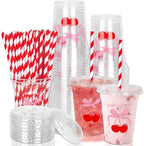 Whaline 50Pcs Cherry Bow Disposable Plastic Cups with Lids and Straws 12Oz Red Pink Cherry Bowknot Cold Beverage Drinking Cups for Wedding Birthday Baby Shower Party Supplies by Whaline
