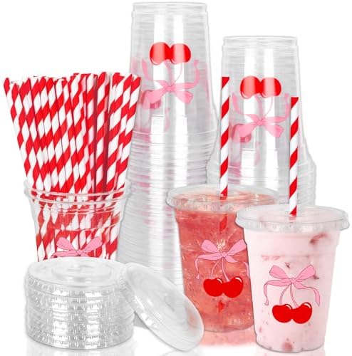 Whaline 50Pcs Cherry Bow Disposable Plastic Cups with Lids and Straws 12Oz Red Pink Cherry Bowknot Cold Beverage Drinking Cups for Wedding Birthday Baby Shower Party Supplies by Whaline