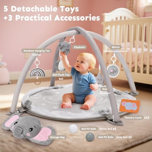 7-in-1 XL Large Baby Play Gym Mat, Tummy Time Mat, Baby Gym & Ball Pit, Baby Activity Mat with Milestone Cards & 6 Detachable Toys for Sensory Motor Skill, Elephant - Image 3